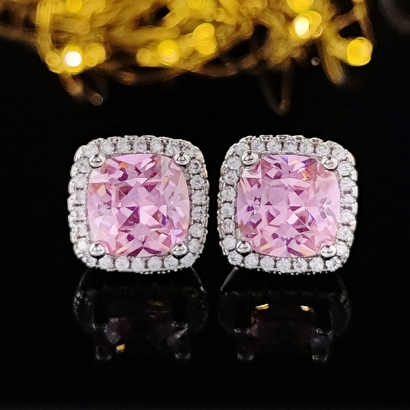 Pretty Square Cut Pink Diamond Earrings - Picture 2 of 2
